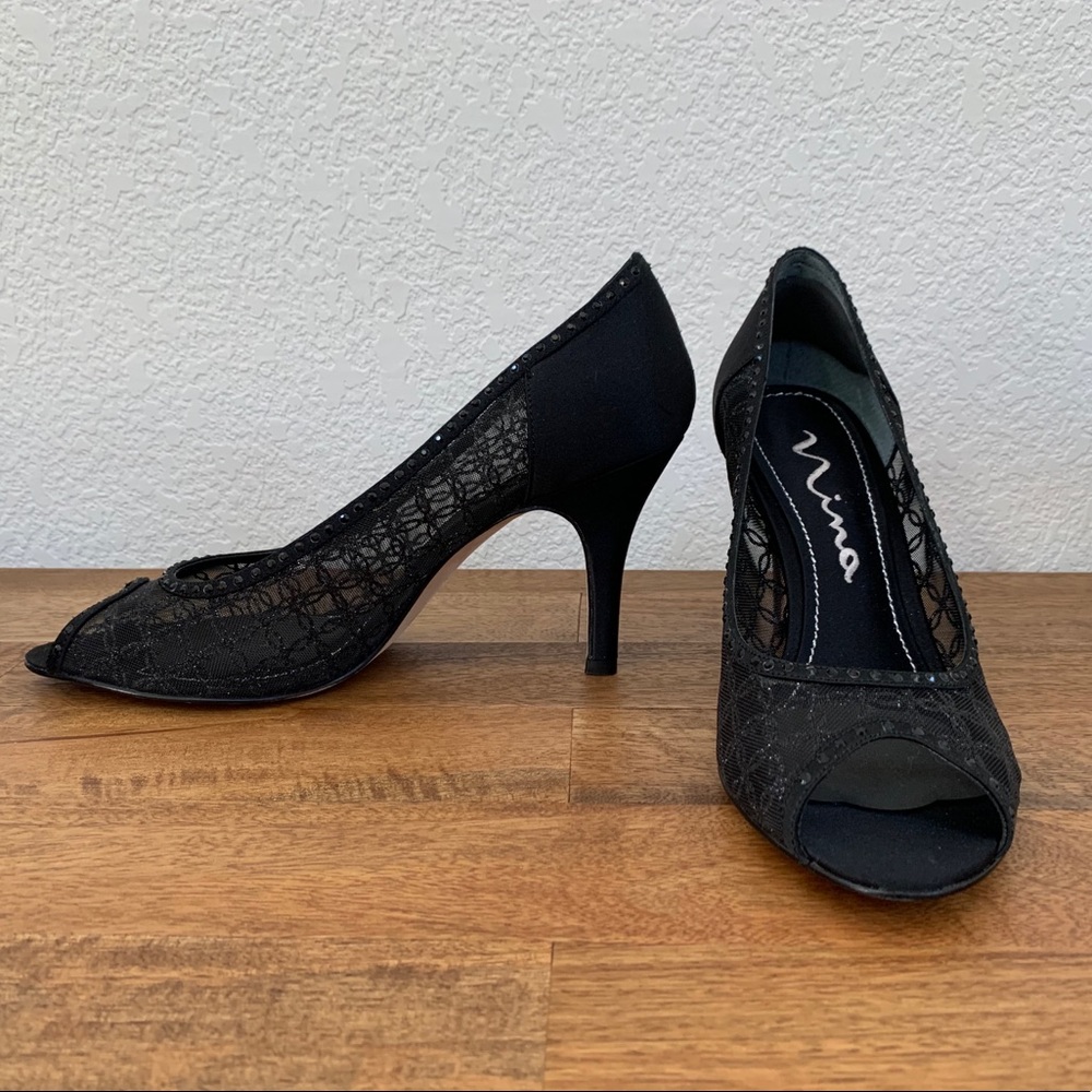 Nina Lacy Peep Toe Heels w/Black Rhinestones